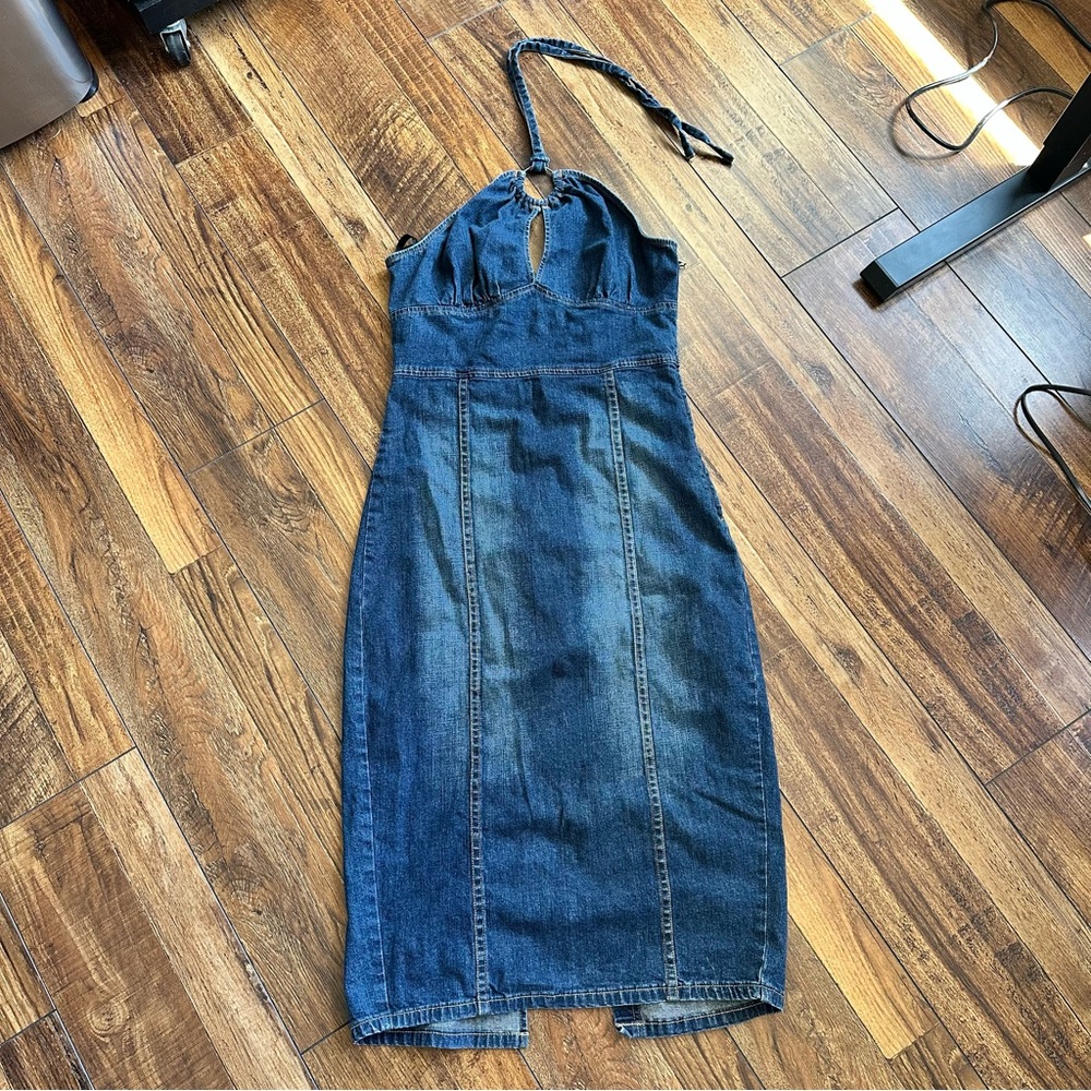 VTG Y2K Denim Midi Keyhole Halter Dress